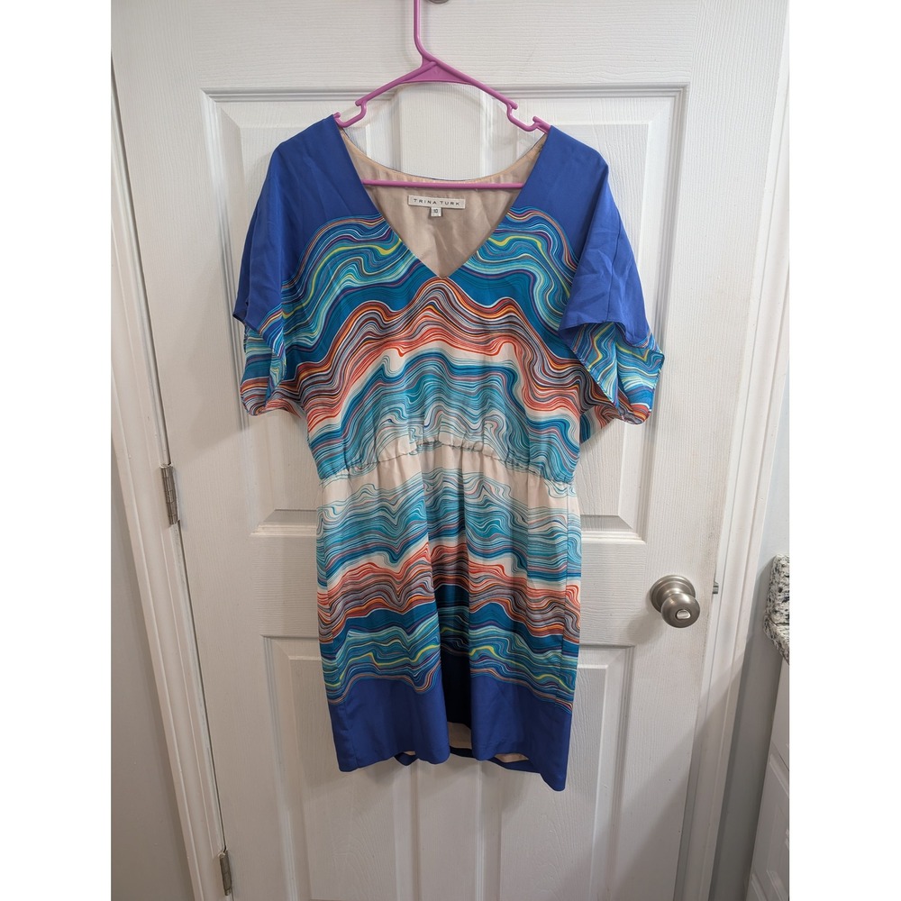 Trina‎ Turk Silk Dress Blue Orange Wavy Psychedelic Lined V-Neck Shift - Size 10
